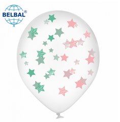 Латексна кулька Belbal 12” М'ятні та рожеві зірки на прозорому (1 шт)
