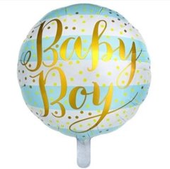 Фольгированный шар 18” круг Baby boy (голубые полосы, золотой текст) Китай