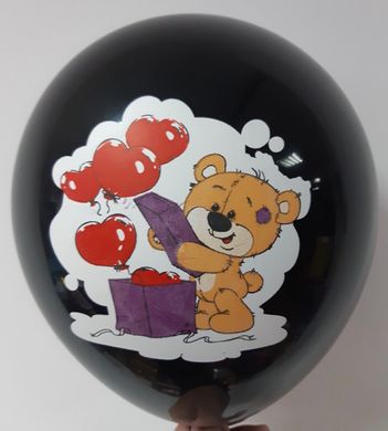 Латексный шар KDI 12” Мишка и коробка с сердцами (чёрный) (1 шт)