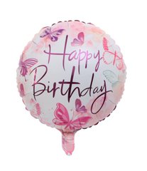 Фольгована кулька 18" круг Happy Birthday Рожеві метелики Китай