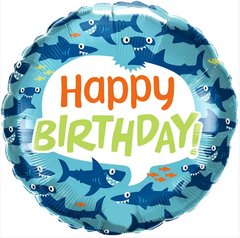 Фольгированный шар 18″ круг Happy Birthday акула синяя (Китай)