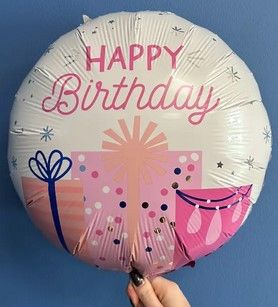 Фольгована кулька 18" коло Happy Birthday з подарунками рожевий (Китай)
