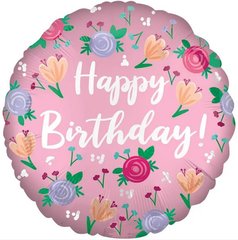 Фольгированный шар 18″ круг Happy Birthday с розовыми цветами (Китай)