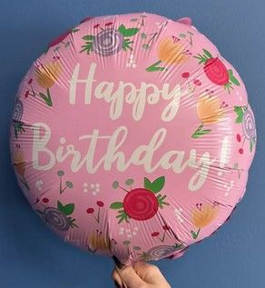 Фольгована кулька 18" коло Happy Birthday з квітами рожева (Китай)